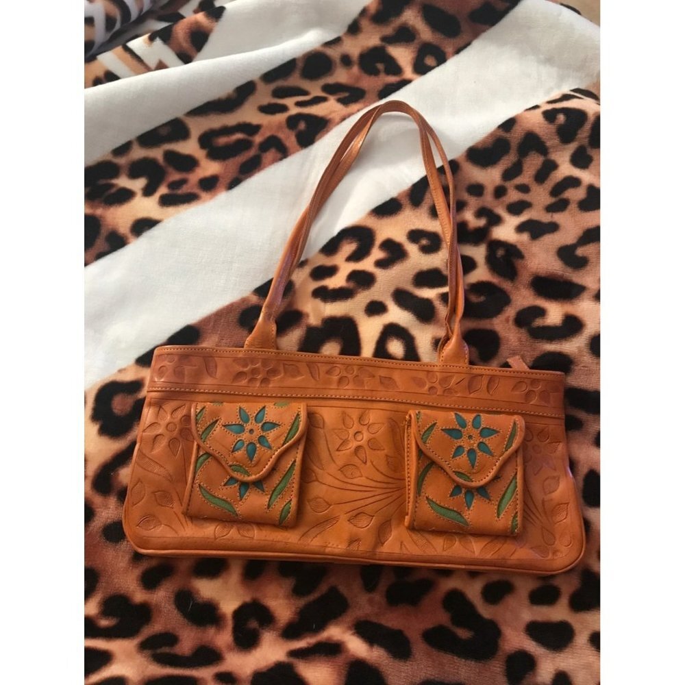 Brown Paraguay hand-tooled floral leather purse‎ hand tote shoulder purse cute